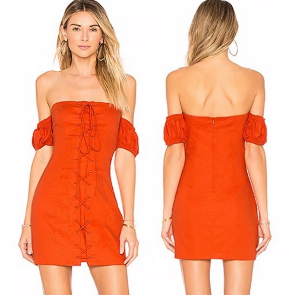 Ale‎ by Alessandra x Revolve Red Orange Rosario Off the Shoulder Linen Dress M